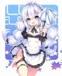  +_+ 1girl :o alternate_costume black_panties blue_background blue_eyes blush braid character_name copyright_name cowboy_shot detached_collar elsword long_hair looking_at_viewer luciela_r._sourcream maid panties panty_pull pointy_ears smile solo star thigh_strap twin_braids twintails underwear utm white_hair 