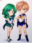  2girls bishoujo_senshi_sailor_moon blonde_hair blue_eyes blue_skirt boots choker circlet earrings full_body gloves green_eyes green_hair green_skirt high_heel_boots high_heels highres jewelry kaiou_michiru kameron marker_(medium) miniskirt multiple_girls outer_senshi outline pleated_skirt ribbon sailor_collar sailor_neptune sailor_senshi sailor_uranus short_hair signature skirt smile ten&#039;ou_haruka traditional_media white_gloves 