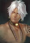  1boy blue_eyes collar dark_skin earrings facial_hair final_fantasy final_fantasy_xiv highres hyur jewelry looking_to_the_side male_focus shirtless skyfiss solo stubble tattoo upper_body white_hair 