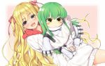  1girl :/ :d blonde_hair blue_eyes blush blush_stickers c.c. character_doll code_geass doll_hug green_hair hair_ribbon hood hooded_sweater long_hair looking_at_viewer open_mouth original outline red_ribbon ribbon sleeves_past_wrists smile straitjacket sweater two_side_up very_long_hair yana_mori yellow_eyes 