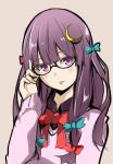  1girl alternate_costume bespectacled black-framed_glasses blush bow crescent crescent_hair_ornament glasses hair_bow hair_ornament kuroto2009 long_hair looking_at_viewer patchouli_knowledge purple_hair semi-rimless_glasses simple_background sketch solo touhou under-rim_glasses upper_body violet_eyes 