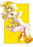  1girl :o blonde_hair boots bow choker cure_pine earrings fresh_precure! full_body hair_bow hair_ornament heart heart_earrings heart_hair_ornament hisaki jewelry knee_boots magical_girl orange_boots orange_bow precure short_hair side_ponytail skirt solo wrist_cuffs yamabuki_inori yellow yellow_background yellow_eyes yellow_skirt 