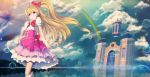  1girl asahina_mirai blonde_hair bow bracelet bubble building castle clouds cure_miracle dress female gem gloves hair_bow hair_ornament jewelry long_hair magical_girl mahou_girls_precure! nosaki_viola pink_dress precure rainbow red_bow side_ponytail sky solo standing water white_gloves 