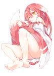  1girl animal_ears ass bare_legs bare_shoulders barefoot blush haegiwa highres japanese_clothes kimono long_hair looking_at_viewer open_mouth original pink_hair simple_background sitting soles solo tail tail_hug white_background yellow_eyes 