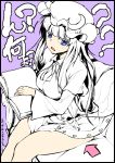  1girl ? artist_name blue_eyes book breasts buttons capelet couch crescent crescent_hair_ornament directional_arrow hair_ornament hat limited_palette long_hair long_sleeves mob_cap open_book open_mouth partially_colored patchouli_knowledge sitting solo taketora_suzume touhou 