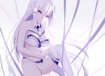  1girl bangs bare_shoulders bow bow_bra bra braid breasts clare_(543) cleavage detached_collar emilia_(re:zero) flower hair_flower hair_ornament lace-trimmed_bra leg_up lingerie long_hair looking_at_viewer navel panties pointy_ears re:zero_kara_hajimeru_isekai_seikatsu removing_legwear silver_hair sitting solo strap_slip thigh-highs underwear underwear_only violet_eyes white_bra white_legwear white_panties 