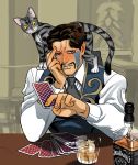  1boy alcohol animal animal_on_shoulder blush brown_hair card cat cat_on_shoulder chair daniel_d&#039;arby drink facial_hair facial_mark glass head_rest holding holding_card jack_daniel&#039;s jojo_no_kimyou_na_bouken maitake_(cbe08253) male_focus mustache necktie orange_eyes playing_card shadow smile solo table tattoo upper_body vest whiskey 