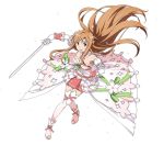  1girl alternate_costume asuna_(sao) breasts brown_eyes brown_hair cherry_blossoms cleavage elbow_gloves gloves highres holding holding_sword holding_weapon long_hair official_art open_mouth pink_skirt pleated_skirt simple_background skirt solo sword sword_art_online sword_art_online:_code_register thigh-highs weapon white_background white_gloves white_legwear zettai_ryouiki 