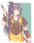  1girl armor arms_up artist_name bangs blue_hair breastplate commentary fire_emblem fire_emblem_if foxkunkun holding japanese_clothes long_hair naginata oboro_(fire_emblem_if) polearm ponytail simple_background smile solo weapon yellow_eyes 