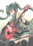  1girl detached_sleeves electric_guitar fingernails green_eyes green_hair guitar hatsune_miku headset instrument long_hair nail_polish necktie playing_instrument plectrum rr_(realreal) skirt solo tattoo thigh-highs twintails very_long_hair vocaloid whammy_bar 