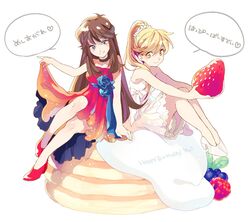  2girls alternate_costume arm_support bare_legs bare_shoulders blonde_hair blue_(pokemon) blue_rose brown_hair choker dress dress_lift flower food frilled_dress frills fruit happy_birthday holding holding_fruit light_smile long_hair multiple_girls pokemon pokemon_special ponytail red_dress rose sitting strawberry translation_request u-min white_dress yellow_(pokemon) 