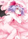  1girl alternate_costume bat_wings blush bow commentary_request dress frilled_pillow frills hat hat_ribbon lavender_hair long_sleeves looking_at_viewer lying mob_cap nazuka_(mikkamisaki) on_bed on_side pajamas pillow pink_dress red_bow red_eyes red_ribbon remilia_scarlet ribbon short_hair smile solo tareme touhou wings 