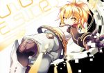  1boy blonde_hair copyright_name cyborg elsword looking_at_viewer looking_back male_focus pants ponytail short_hair smile solo utm yellow_eyes yuno_(elsword) 