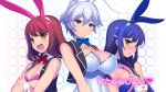  &gt;:d 3girls :d animal_ears anne_happy blue_eyes blue_hair blush bow bowtie breasts brown_hair bunny_tail bunnysuit cleavage covered_navel crossed_arms detached_collar ekoda_ren end_card fake_animal_ears green_eyes hagyuu_hibiki hairband hibarigaoka_ruri highres large_breasts lavender_hair long_hair mel/a multiple_girls open_mouth rabbit_ears short_hair small_breasts smile tail wrist_cuffs yellow_eyes 