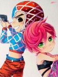  1boy 1girl back-to-back bare_shoulders black_eyes bra chibi choker crop_top green_eyes guido_mista gun handgun hat highres jojo_no_kimyou_na_bouken kameron marker_(medium) open_mouth pink_hair short_hair signature smile sweater tiger_print traditional_media trish_una turtleneck underwear weapon 