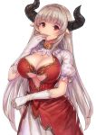  1girl alicia_(granblue_fantasy) breasts center_opening cleavage dress earrings gloves granblue_fantasy horns jewelry large_breasts long_hair pointy_ears puffy_sleeves red_eyes silver_hair solo urokoda white_gloves 