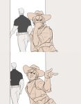  2boys \m/ avatar_(series) back bandana belt belt_pouch cowboy_hat cowboy_shot from_behind hat imitating limited_palette mccree_(overwatch) multiple_boys overwatch pants parody shirt short_hair short_sleeves sleeves_rolled_up soldier:_76_(overwatch) the_legend_of_korra upper_body walking younger 