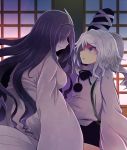  2girls arano_oki blue_eyes breasts hair_over_eyes hat japanese_clothes kariginu kimono large_breasts long_hair mononobe_no_futo multiple_girls okiku_(banchou_sarayashiki) open_mouth pale_skin ponytail purple_hair silver_hair smile tate_eboshi touhou triangular_headpiece very_long_hair 