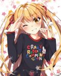  1girl blonde_hair blush clothes_writing engrish grin hair_ribbon head_tilt kagami_com long_hair long_sleeves looking_at_viewer one_eye_closed papa_no_iu_koto_wo_kikinasai! ranguage ribbon salute shirt smile solo takanashi_miu two_side_up upper_body yellow_eyes 