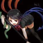  1girl asymmetrical_wings bent_over black_background black_dress black_hair black_legwear dress houjuu_nue looking_at_viewer monrooru open_mouth pointy_ears polearm red_eyes short_dress snake solo thigh-highs thighs tongue tongue_out touhou weapon wings zettai_ryouiki 