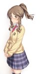  1girl blush brown_eyes brown_hair idolmaster idolmaster_cinderella_girls karisuwaya long_hair necktie school_uniform solo takamori_aiko thigh-highs 