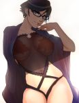  1girl bayonetta bayonetta_(character) bayonetta_2 black-framed_glasses black_hair blue_eyes breasts closed_mouth collarbone covered_navel covered_nipples ear_studs earrings head_tilt highres jewelry large_breasts lips long_sleeves looking_at_viewer midriff navel o-ring open_clothes open_shirt pinky_to_mouth see-through shadow shirt short_hair sitting smile solo stomach superboin thighs wide_sleeves 