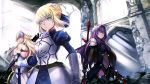  3girls armor back blonde_hair blue_eyes bodysuit breasts covered_navel detached_sleeves dress ep_(emio_parn) excalibur fate/apocrypha fate/grand_order fate/stay_night fate_(series) gae_bolg gauntlets helmet holding holding_weapon long_hair looking_at_viewer multiple_girls polearm purple_hair ruler_(fate/apocrypha) saber scathach_(fate/grand_order) smile spear violet_eyes weapon 