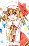  1girl blonde_hair bow dress fang flandre_scarlet hat hat_bow long_sleeves looking_at_viewer mob_cap necktie open_mouth red_dress red_eyes shirt side_ponytail smile solo touhou v_arms wings yuuhagi_(amaretto-no-natsu) 