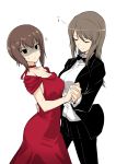  2girls anger_vein black_eyes bow bowtie brown_hair choker closed_eyes crossdressinging dancing formal girls_und_panzer hand_on_another&#039;s_back harukon_(halcon) highres holding_hands long_hair mika_(girls_und_panzer) multiple_girls musical_note nishizumi_maho pants quaver ribbon_choker shaded_face short_hair smile suit 