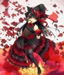  1girl bare_shoulders black_dress black_hair black_legwear boots bow camellia_(flower) detached_sleeves dress flower frills full_body gudon_(syotakond) hat long_hair looking_at_viewer original pantyhose petals red_eyes sash solo thigh-highs thigh_boots wand witch witch_hat 