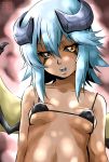  1girl bikini black_bikini black_sclera blue_hair covered_nipples dark_skin demon_girl demon_horns demon_wings fangs horns lilith_(monster_musume) monster_musume_no_iru_nichijou open_mouth orange_eyes s-now signature small_breasts solo swimsuit upper_body wings 