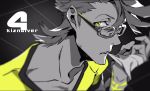  1boy copyright_name glasses highres kiznaiver looking_at_viewer male_focus monochrome mouth_hold number scar shirt solo spot_color t-shirt tenga_hajime upper_body yellow_eyes yoneyama_mai 