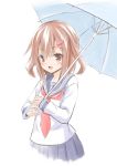  1girl blush brown_eyes brown_hair commentary_request fang fujishima_shinnosuke hair_ornament hairclip holding holding_umbrella ikazuchi_(kantai_collection) kantai_collection long_sleeves looking_at_viewer neckerchief open_mouth school_uniform serafuku short_hair solo umbrella white_background 