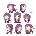  1girl :o @_@ ^_^ ^o^ ahoge black_vest blush closed_eyes closed_mouth cnm collared_shirt crazy_eyes embarrassed expressions eyebrows eyebrows_visible_through_hair flower flying_sweatdrops frown hagikaze_(kantai_collection) happy kantai_collection long_hair looking_afar looking_up multiple_views nose_blush parted_lips profile purple_hair red_ribbon ribbon sad scared shaded_face shirt side_ponytail simple_background speech_bubble spoken_blush squiggle teardrop tears upper_body vest violet_eyes wavy_mouth white_background white_shirt wing_collar 