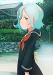  1girl aqua_hair architecture blush bush clouds east_asian_architecture flower house inami_hatoko light_smile long_sleeves looking_at_viewer looking_to_the_side original outdoors profile red_eyes road school_uniform serafuku short_hair sky solo street tree upper_body 