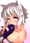  1girl alternate_costume animal_ears bare_shoulders blush breasts eggplant eyebrows heart heart-shaped_pupils highres inubashiri_momiji japanese_clothes kimono kiss large_breasts looking_at_viewer off_shoulder pink_eyes sexually_suggestive shishi_(321_0819) short_hair silver_hair solo symbol-shaped_pupils thick_eyebrows touhou wolf_ears 