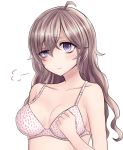  1girl ahoge bra breasts brown_hair cleavage clenched_hand commentary_request hair_between_eyes highres long_hair looking_at_viewer neit_ni_sei original pout puffed_cheeks solo text_print translated underwear violet_eyes visible_air 