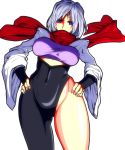  1girl asymmetrical_clothes blue_eyes bodysuit breasts covered_navel cowboy_shot hands_on_hips hattori_hanzo_uruka highres large_breasts namelessl ninja scarf short_hair silver_hair single_pantsleg solo wide_sleeves yatagarasu_(game) 