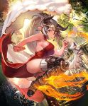  1girl aleeza_(granblue_fantasy) artist_request ass boots breasts dress earrings fighting_stance fire granblue_fantasy greaves headgear horns jewelry large_breasts leg_up long_hair outdoors pointy_ears ponytail red_dress red_eyes shingeki_no_bahamut side_slit sideboob silver_hair solo standing_on_one_leg sunlight thigh-highs thigh_boots very_long_hair white_legwear 