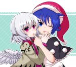  2girls blue_eyes blue_hair capelet doremy_sweet feathered_wings finger_in_another&#039;s_mouth kishin_sagume multiple_girls one_eye_closed pom_pom_(clothes) shiohachi short_hair silver_hair single_wing touhou violet_eyes wings 