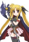  1girl bangs bardiche belt black_gloves blonde_hair cape cowboy_shot fate_testarossa gloves hair_ribbon long_hair looking_at_viewer low-tied_long_hair lyrical_nanoha magical_girl mahou_shoujo_lyrical_nanoha mahou_shoujo_lyrical_nanoha_the_movie_1st multiple_girls parted_lips pleated_skirt red_eyes ribbon skirt smile solo standing thigh-highs twintails very_long_hair wanyan_aguda white_background 