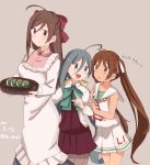  3girls :d ahoge apron artist_name blue_hair blush bow bowtie brown_eyes brown_hair clothes_writing commentary_request dated dress food grey_eyes grey_hair hair_between_eyes hair_bow hair_ribbon hand_on_another&#039;s_arm highres index_finger_raised kantai_collection kappougi kashiwa_mochi_(food) kiyoshimo_(kantai_collection) kodomo_no_hi libeccio_(kantai_collection) long_hair low_twintails mamiya_(kantai_collection) multicolored_hair multiple_girls neckerchief open_mouth ribbon riz_(ravel_dc) sailor_dress shirt simple_background sleeveless sleeveless_dress smile translation_request tray twintails very_long_hair white_shirt 