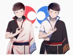  2boys ahoge alternate_costume artist_name black_eyes black_hair black_shirt brothers collarbone cosplay eyebrows eyebrows_visible_through_hair gintama grin japanese_clothes long_sleeves looking_at_another looking_to_the_side male_focus matsuno_karamatsu matsuno_osomatsu mery_(apfl0515) money_gesture multiple_boys nakamura_yuuichi off_shoulder osomatsu-kun osomatsu-san ribbon-trimmed_sleeves ribbon_trim sakata_gintoki sakata_gintoki_(cosplay) sakata_kintoki sakata_kintoki_(gintama)_(cosplay) sash seiyuu_connection shirt short_sleeves siblings simple_background smile smirk sword symmetrical_hand_pose symmetrical_pose weapon white_background white_shirt wide_sleeves wooden_sword 