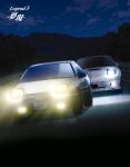  absurdres car clouds forest guard_rail headlight highres initial_d lights mazda_rx-7 motor_vehicle mountain nature night night_sky no_humans official_art outdoors road sky star_(sky) starry_sky toyota_sprinter_trueno tree vehicle 