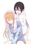  2girls after_bath ayase_eli between_legs black_hair blonde_hair drying_hair hair_between_eyes hair_down hand_between_legs hood hooded_jacket jacket long_hair love_live!_school_idol_project multiple_girls red_eyes sen&#039;yuu_yuuji sitting smile towel towel_on_head white_background white_towel yazawa_nico 