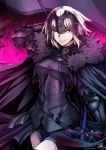  1girl arm_up armor armored_dress artist_name belt black_cape black_dress black_legwear blonde_hair breasts cape chain cowboy_shot dress fate/apocrypha fate/grand_order fate_(series) fire flag fur_trim gauntlets hair_between_eyes headpiece highres holding jeanne_alter looking_at_viewer parted_lips ruler_(fate/apocrypha) ruler_(fate/grand_order) short_hair signature smile smirk solo sword thigh-highs twitter_username weapon yellow_eyes yusuki_(fukumen) 