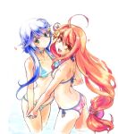  2girls :d ahoge ass bikini blue_bikini blue_hair breasts crescent crescent_hair_ornament green_eyes hair_ornament heart holding_hands kantai_collection long_hair looking_at_viewer multiple_girls open_mouth partially_submerged pink_bikini redhead short_hair_with_long_locks smile striped striped_bikini swimsuit tks_(chikuwa) uzuki_(kantai_collection) very_long_hair water yayoi_(kantai_collection) yellow_eyes 