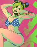  1girl abs bikini black_hair blonde_hair braid double_bun green_eyes green_lipstick hair_tie hand_on_head jojo_no_kimyou_na_bouken kuujou_jolyne lipstick makeup multicolored_hair polka_dot polka_dot_background sasha_gladysh single_braid smile solo swimsuit tattoo toned two-tone_hair 