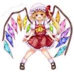  1girl ascot blob blonde_hair bow character_name flandre_scarlet frills full_body hat hat_bow looking_at_viewer mob_cap monrooru open_mouth pigeon-toed puffy_short_sleeves puffy_sleeves red_eyes shirt short_sleeves side_glance side_ponytail skirt skirt_set smile solo touhou vest wings 