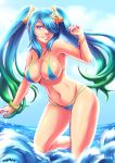  1girl artist_name bikini blue_eyes blue_hair bracelet breasts cleavage flower green_hair hair_flower hair_ornament iahfy jewelry large_breasts league_of_legends multicolored_hair signature solo sona_buvelle swimsuit toned twintails two-tone_hair wading water 